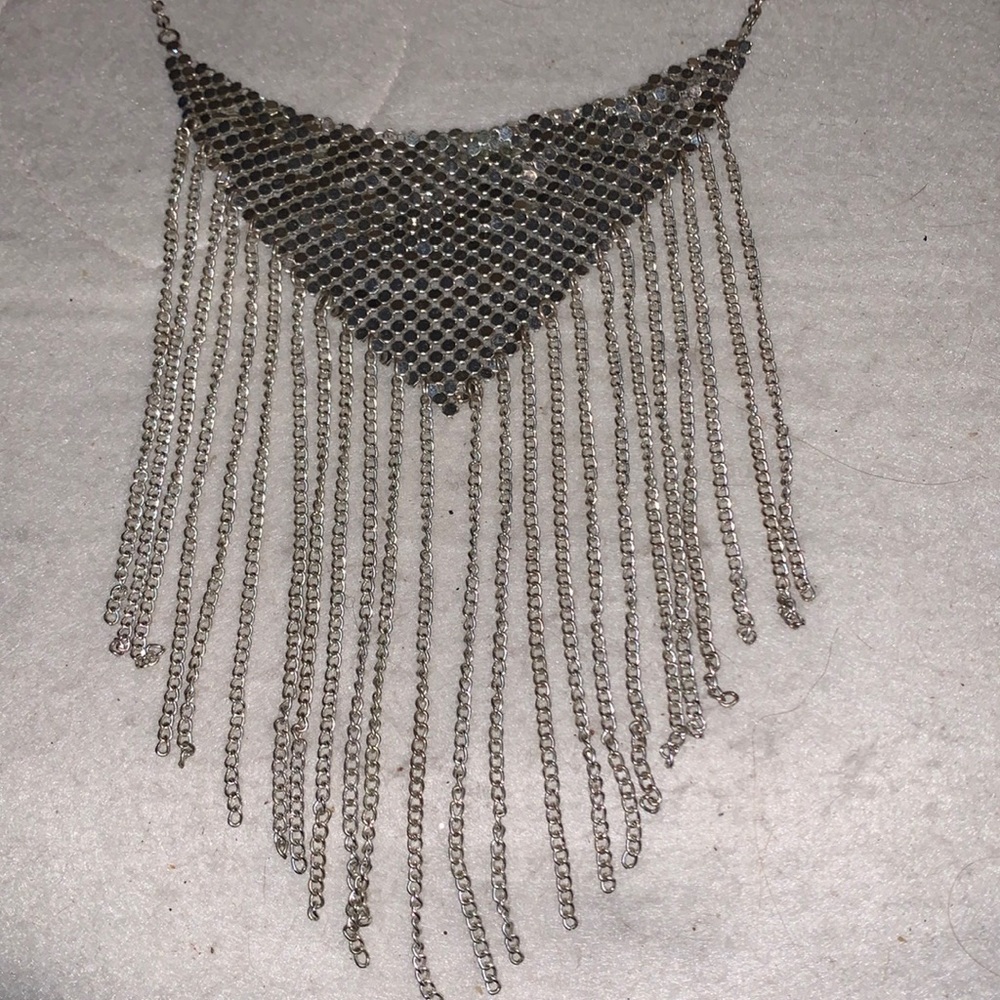 Beautiful Vintage Silver Bib Fringe Chain Necklace